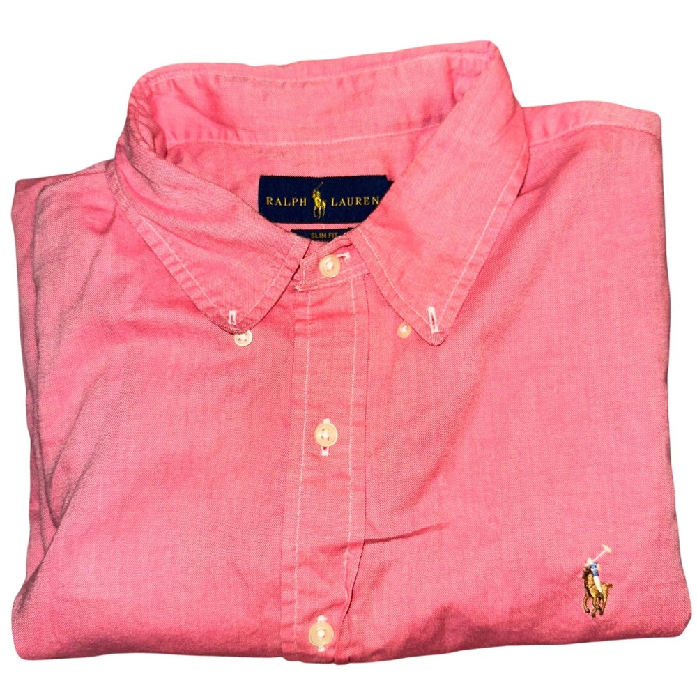 Ralph Lauren Mens XL Slim Fit Chambray Oxford Shirt Salmon Pink Short Sleeve